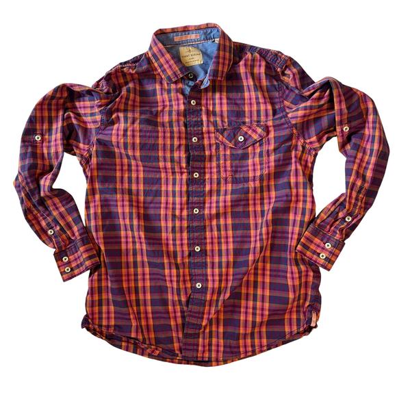 Tommy Bahama Jeans Men’s L Plaid Button Down Shirt Red Purple Roll Tab Casual - Picture 8 of 8